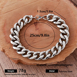 Stainless Steel Color Vintage 15MM 304 Stainless Steel Cuban Link Chain Bracelets for Men, Tarnish Free, Stainless Steel Color, 9.84 inch(25cm)