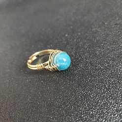 Апатит Проволочные круглые бусины из натурального апатита кольца для пальцев, латунные регулируемые кольца, золотые, внутренний диаметр: регулируемый