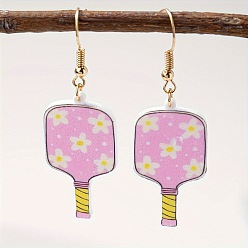 Фламинго Акриловые серьги болтаться, ракетка для пиклбола с цветочным узором, золотые, спортивная тема, фламинго, 55x19 мм