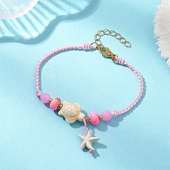 Pink Браслеты с подвесками из синтетических бусин бирюзы, окрашенных в виде морских звезд и черепах, Регулируемые плетеные браслеты из бусин из окрашенной синтетической императорской яшмы и натурального желтого нефрита для женщин, розовые, 7-1/2 дюйм (19 см)