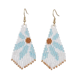 Светло-Голубой Серьги с подвесками из стеклянного бисера, с 304 нержавеющей стали серьги крючки, ромб с цветочным узором, Небесно-голубой, 69x29 мм
