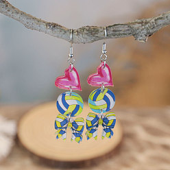 Volleyball Акриловые серьги болтаться, платина, сердце с бантом, спортивная тема, волейбол, 70x15 мм