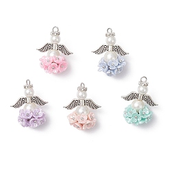 Античное Серебро 5шт акриловые подвески, ангел, со стеклянным жемчугом, бусина из искусственного жемчуга из смолы, Бусины-разделители из сплава и железа в тибетском стиле с кристаллами и стразами, античное серебро, 28x22.5x15.5 мм, отверстие : 2.5 мм