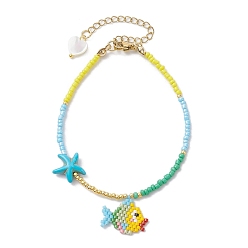 Golden Glass Seed Fish Charm Bracelet with Synthetic Turquoise Starfish, Golden, 7-3/4 inch(19.8cm)