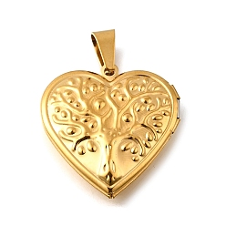 Real 20K Gold Plated 316 подвески из нержавеющей стали Locket, с 201 защелкивающимися дужками из нержавеющей стали, подвесками-рамками для фотографий из нержавеющей стали, ионное покрытие (ip), сердце с рисунком дерева, реальный 20 k позолоченный, 29x28.5x7.5 мм, отверстие : 8x4 мм, внутренний диаметр: 16.5x21 мм