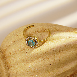 Синий Регулируемые открытые манжеты из нержавеющей стали с микропаве из кубического циркония для женщин, квадратный, реальный 18 k позолоченный, синие