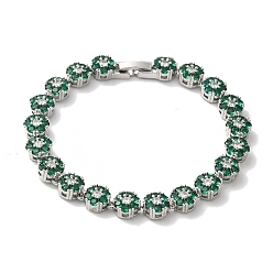 Зеленый Браслеты-цепочки с цветочным звеном из латуни и циркония для женщин, без свинца и без кадмия, платина, зелёные, 7-1/2 дюйм (19 см)