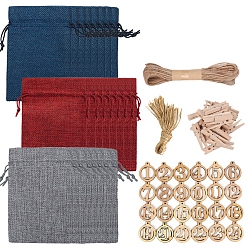 Mixed Color Drawstring Burlap Bags, with Wood Clips & Pendants, Hemp Rope, Mixed Color, 14x10cm