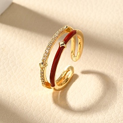 Настоящее золото 14K Латунные кольца-манжеты с микропаве и прозрачным цирконием для женщин, с эмалью, реальный 14 k позолоченный, 5.5 мм