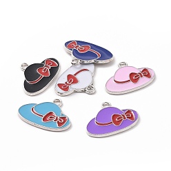 Platinum Alloy Enamel Pendants, Hat with Bowknot Charm, Platinum, 16x22x1.5mm, Hole: 1.8mm