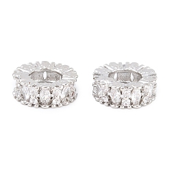 Платина Латунь микропаве прозрачный кубический цирконий европейский бисер, колесо рондель, бусина с большим отверстием, долговечный, стойки покрытие, без свинца и без кадмия, платина, 10x4 мм, отверстие : 5 мм