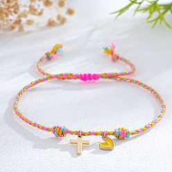 Оранжевый Латунь шарм браслеты, плетеные браслеты из синтетического шнура для женщин, крест и сердце, оранжевые, внутренний диаметр: 11 дюйм (28 см)