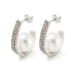 Platinum Brass Stud Earrings with ABS Imitation Pearl Beaded, Half Hoop Earrings, Platinum, 26.5x4mm