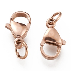 Rose Gold Ion Plating(IP) 304 Stainless Steel Lobster Claw Clasps, With Jump Ring, Rose Gold, 12x7x3.5mm, Hole: 3mm, Jump Ring: 5x0.6mm