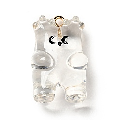 Clear Cartoon Transparent Resin Pendants, Bear Charm, with Golden Tone Alloy Loops, Clear, 26.5x15.8x11mm, Hole: 1.8mm