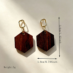 Hexagon Wood & Alloy Stud Earrings for Women, Golden, Hexagon, 36x19mm