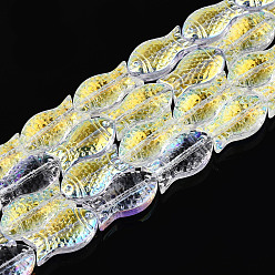 Шампанско-Желтый Прозрачность гальванизированные стеклянные бусины нити, рыба, с покрытием AB цвета, с половиным покрытием, шампанское желтый, 15x8.1x5 мм, отверстие : 0.9~1 мм, около 55 шт / нитка, 25.59'' (65 см)