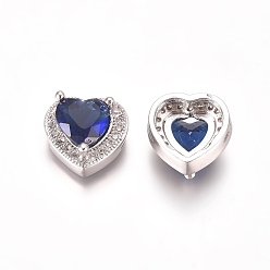 Platinum Brass Micro Pave Cubic Zirconia Beads, Heart, Blue & Clear, Platinum, 12x12.5x6.5mm, Hole: 1x2mm
