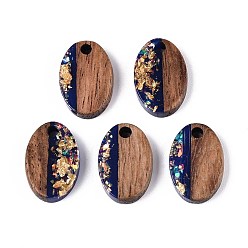 Темно-Синий Подвески из непрозрачной смолы и орехового дерева, овальные амулеты, с блестящей пудрой и золотой фольгой, темно-синий, 15~15.5x10x3~4 мм, отверстие : 1.8~2 мм