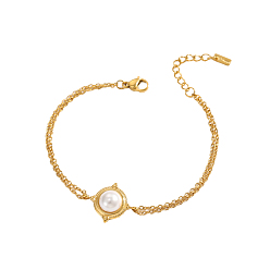 Настоящее золото 18K 304 из нержавеющей стали ссылка браслеты, Браслеты-цепочки из проволоки для женщин с ионным покрытием (IP), плоско-круглые, с натуральной жемчужиной, белые, реальный 18 k позолоченный, 7.09 дюйм (18 см)