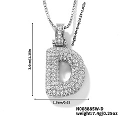 Letter D Элегантные латунные микропаве прозрачные кубические цирконии 3d начальные ожерелья, идеальный подарок для нее, платина, Буква D, 15.75 дюйм (40 см)