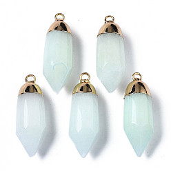 Honeydew Natural White Jade Pointed Pendants, with Light Gold Brass Loop, Dyed, Bullet, Honeydew, 35x12x12mm, Hole: 2mm