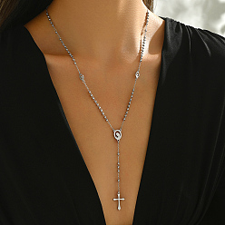 Oval 201 шарик ожерелья из нержавеющей стали четки, полые ожерелья с кисточками в виде девственного креста для женщин, серебряный цвет гальваническим, овальные, 20.08 дюйм (51 см)