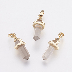 Дымчатый Кварц Кулоны с двойным заостренным концом из латуни, натуральный дымчатый кварц, пуля, золотые, 17~20x7x6.5 мм, отверстие : 2x4 мм