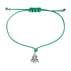 Рождественская елка Рождественские регулируемые браслеты из сплава с подвесками, плетеные браслеты из вощеного шнура для женщин, античное серебро, рождественская елка, внутренний диаметр: 1-1/8~10-5/8 дюйм (3~27 см)