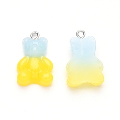 Yellow Gradient Color Opaque Resin Pendants, with Glitter Powder and Platinum Tone Iron Peg Bails, Bear, Yellow, 23.5x15x6.5mm, Hole: 1.8mm