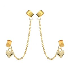 Golden Brass Cuff Earrings, Long Chains Double Non Piercing Earrings with Alloy Charms, Heart, Golden, 103mm