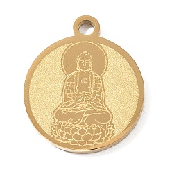 Golden Buddhist 304 Stainless Steel Pendants, Flat Round with Buddha Charms, Hand Polished, Ion Plating(IP), Golden, 17x15x1.4mm, Hole: 1.8mm