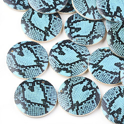 Cyan Printed Wooden Pendants, Back Random Color, Flat Round, Cyan, 30x5mm, Hole: 1mm