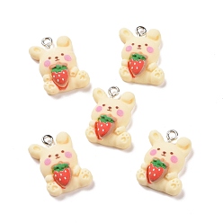 Blanched Almond Opaque Resin Pendants, with Platinum Tone Iron Loops, Rabbit with Strawberry Charm, Blanched Almond, 21x15x6.7mm, Hole: 2mm