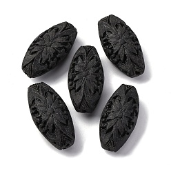 Black Cinnabar Beads, Carved Lacquerware, Oval with Flower, Black, 31.5x16x11mm, Hole: 1.8mm