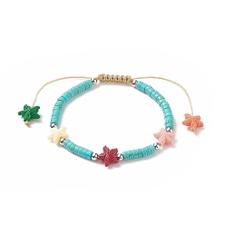 Бирюза Браслеты из крашеной синтетической бирюзы (окрашенные) хейши из бисера с окрашенными синтетическими коралловыми морскими звездами, плетеный браслет с регулируемым нейлоновым шнуром, бирюзовый (окрашенный), внутренний диаметр: 2~3-3/8 дюйм (5.2~8.7 см)