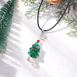 Красный Гальванизированный стеклянный бисер темно-голубого цвета с подвеской в виде рождественской елки и звезды из сплава, ожерелья из черного вощеного хлопкового шнура, античное серебро, красные, 21.26 дюйм (54 см)