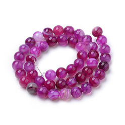 Fuchsia Natural Striped Agate/Banded Agate Beads Strands, Dyed, Round, Fuchsia, 6mm, Hole: 1mm, about 63pcs/strand, 14.96 inch
