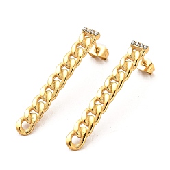 Golden Ion Plating(IP) 304 Stainless Steel Curb Chains Shape Stud Earrings, with Crystal Rhinestone, Golden, 42.5x6mm