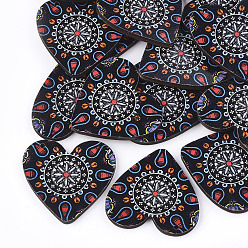 Черный Печатные подвески из липы, назад случайный цвет, сердце, чёрные, 33x34.5x3 мм, отверстие : 1.6 мм