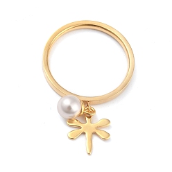 Golden Dual-Use-Gütern, 304 Fingerringe oder Anhänger aus Edelstahl, mit runden Kunststoffperlen, Libelle, weiß, golden, us Größe 7 (17.3 mm)