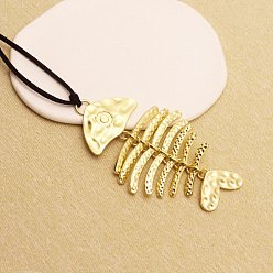 Fish Женские ожерелья с подвеской из цинкового сплава в богемном стиле, черные вощеные шнуры, золотые, рыбьей костью, 31.50 дюйм (80 см), Кулон : 104x53 мм