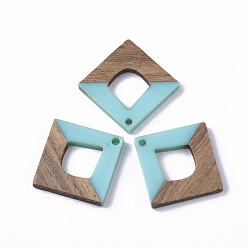 Sky Blue Resin & Walnut Wood Pendants, Rhombus, Sky Blue, 27x27x4mm, Hole: 2mm