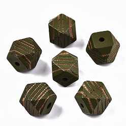 Темно-оливково-зеленый Расписные бусы из натурального дерева, лазерная гравировка, граненые, многоугольник с полосой зебры, темно-оливковый зеленый, 16x15.5~16.5x15.5~16.5 мм, отверстие : 3 мм