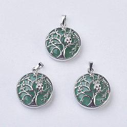Green Aventurine Natural Green Aventurine Pendants, with Brass Findings, Flat Round with Tree of Life, Platinum, 31~32x27x8~9mm, Hole: 5x7mm