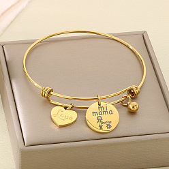 Золотой День матери 304 браслеты из нержавеющей стали с подвесками для женщин, Сердце & плоские круглые, золотые, внутренний диаметр: 2-5/8 дюйм (6.8 см)