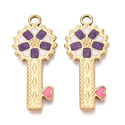 Orchidéeée Foncé 303 acier inoxydable émail pendentifs, charmes clés, placage ionique (ip), réel 18 k plaqué or, orchidée noire, 42x18x3mm, Trou: 3mm