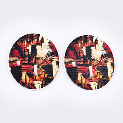 Colorful Printed Wooden Big Pendants, Dyed, Oval, Colorful, 63x50x2.5mm, Hole: 1.2mm