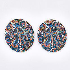 Colorful Printed Wooden Big Pendants, Dyed, Oval, Colorful, 63x50x2.5mm, Hole: 1.2mm