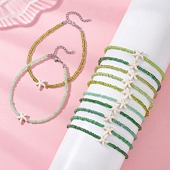 Зеленый 12 шт. 12 цвета летний пляжный окрашенный синтетический бирюзовый браслет на лодыжку в виде морской звезды со стеклянными бусинами, платины и нержавеющая сталь цвет, зелёные, 9-1/8 дюйм (23.3 см), 1 шт / цвет